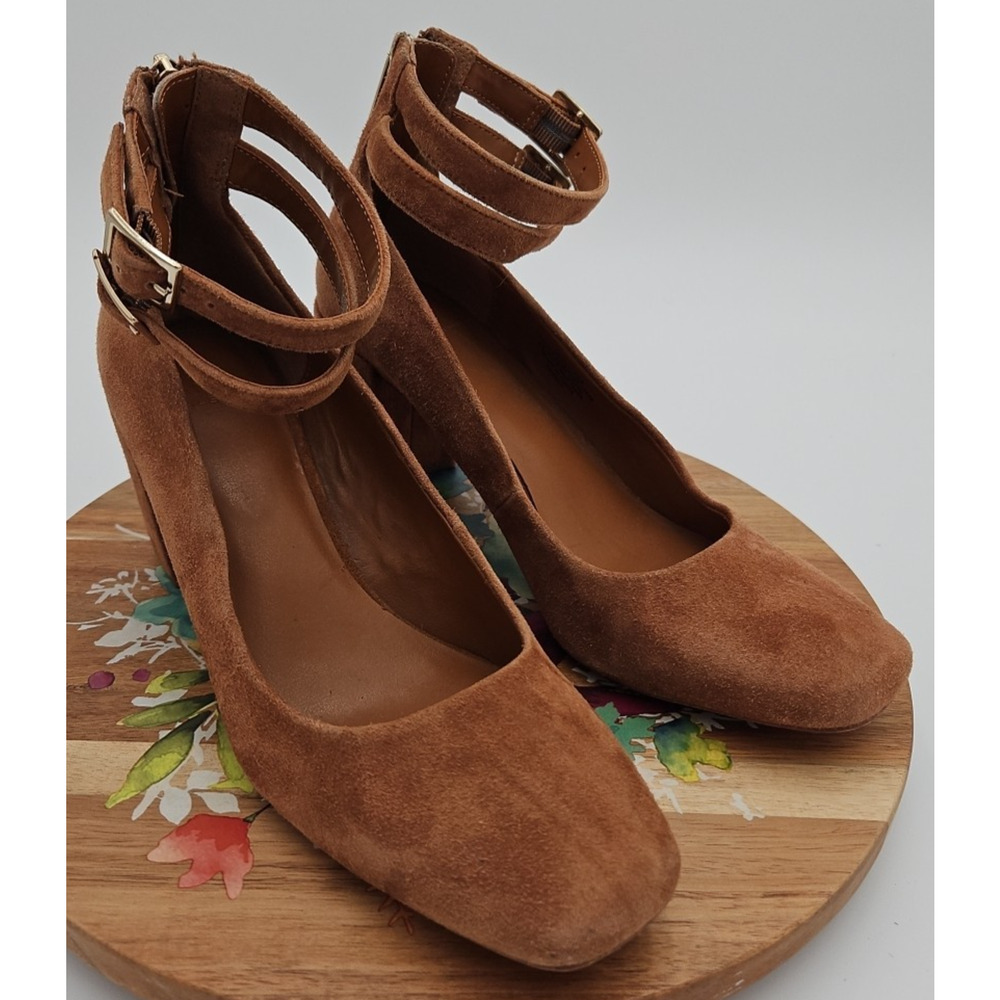 H by Halston REGINA Brown Suede Block Heel Size 7M Double Ankle Strap Y2K *EUC*